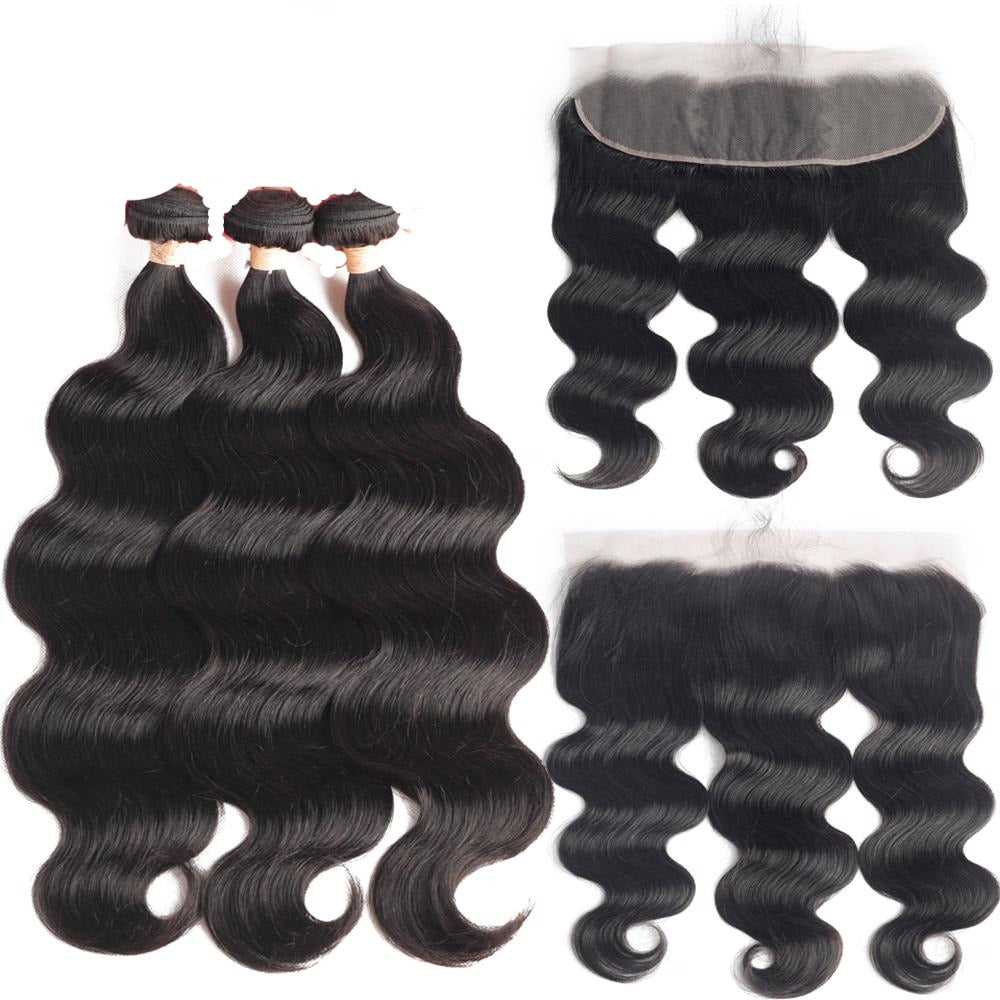trois bottes de Tissage Brésilien Body Wave Avec Lace Frontale