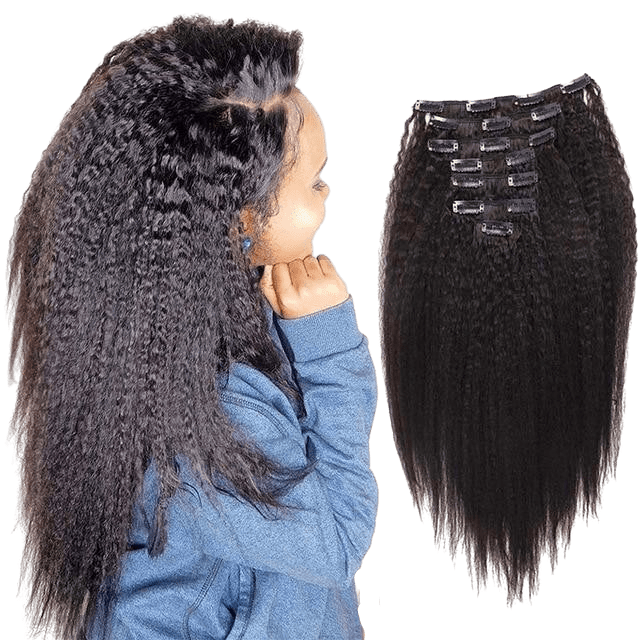 femme avec chemise bleue et extension a clip cheveux naturels