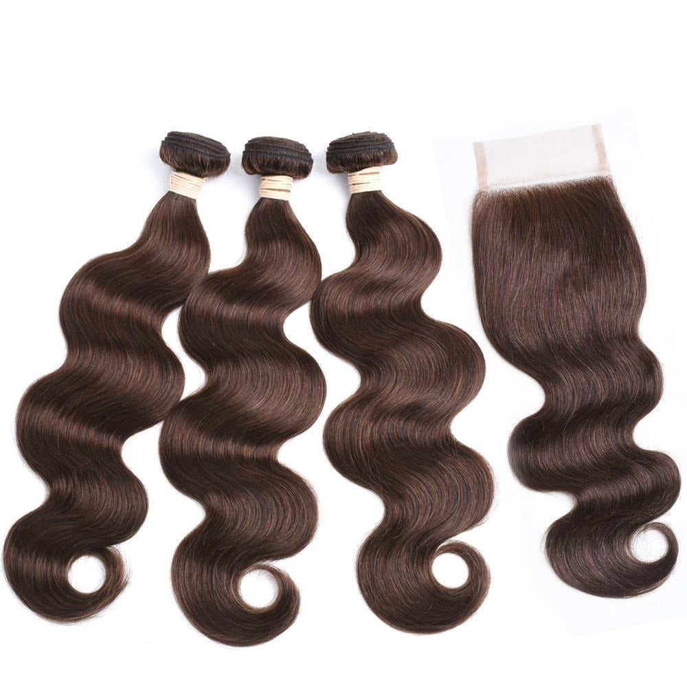 trois paquets de Tissages Brésiliens Body Wave Chocolat Avec Top Closure 4x4