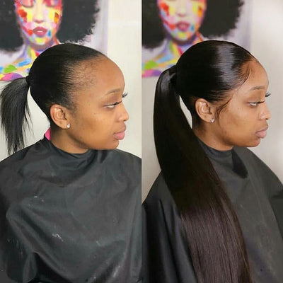 femme portant une ponytail lisse avant après