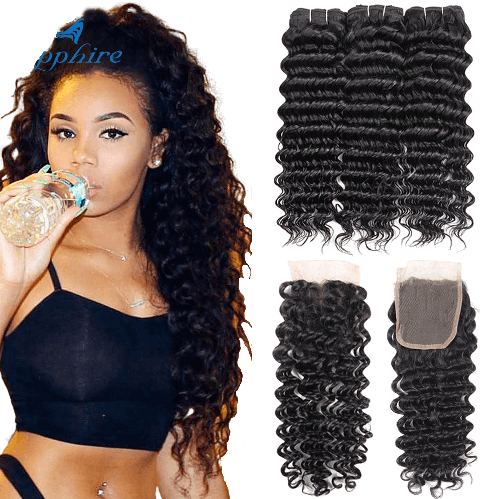 femme buvant une bouteille d'eau avec Tissage Brésilien Deep Wave Avec Top Closure